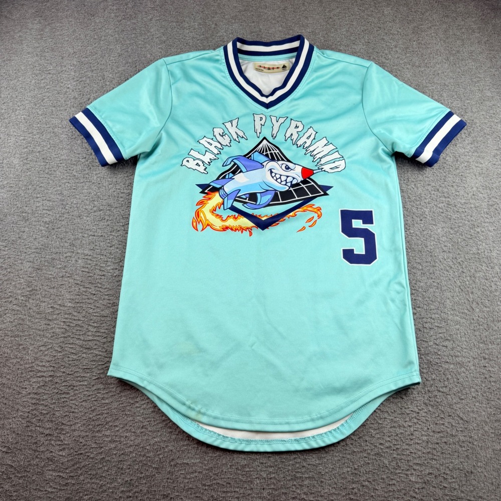 Black Pyramid Men's S Small Shark Rocket Baseball Jersey Teal Blue